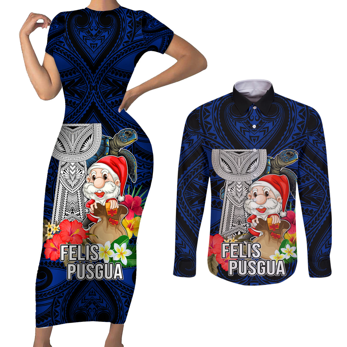 Guam Christmas Couples Matching Short Sleeve Bodycon Dress and Long Sleeve Button Shirt Santa Gift Latte Stone and Sea Turle Mix Hibiscus Chamorro Blue Style LT03