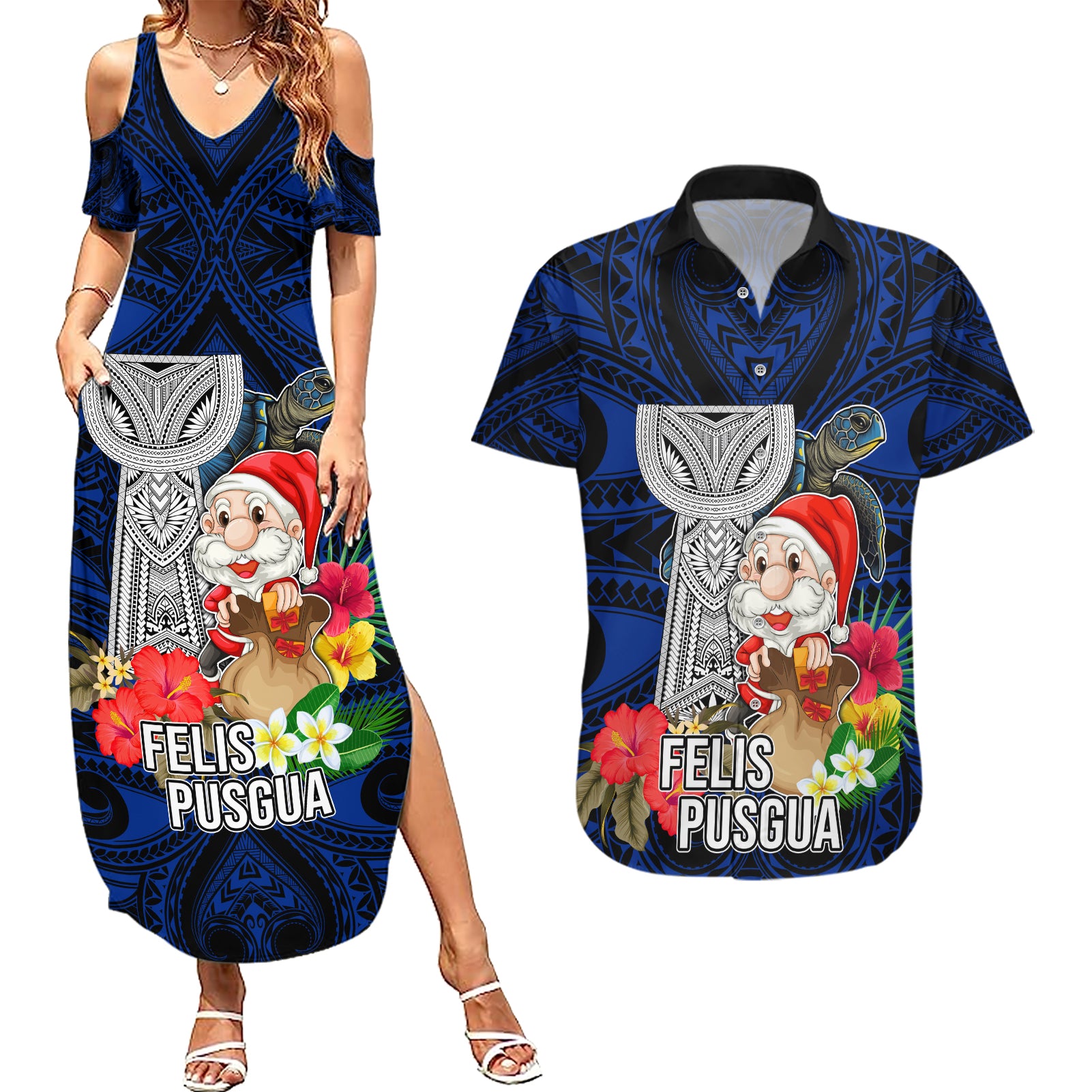 Guam Christmas Couples Matching Summer Maxi Dress and Hawaiian Shirt Santa Gift Latte Stone and Sea Turle Mix Hibiscus Chamorro Blue Style LT03
