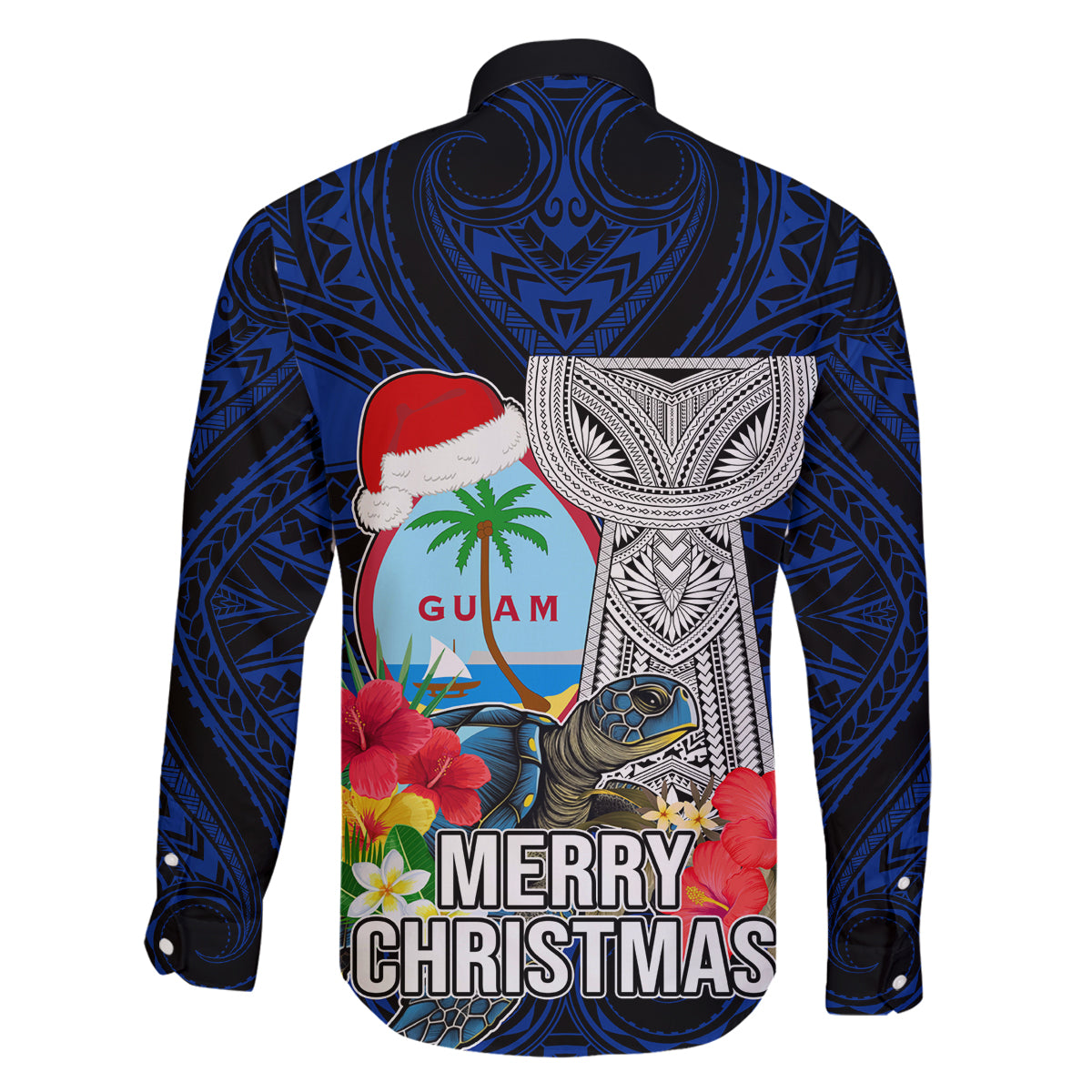 Guam Christmas Family Matching Off Shoulder Long Sleeve Dress and Hawaiian Shirt Santa Gift Latte Stone and Sea Turle Mix Hibiscus Chamorro Blue Style LT03