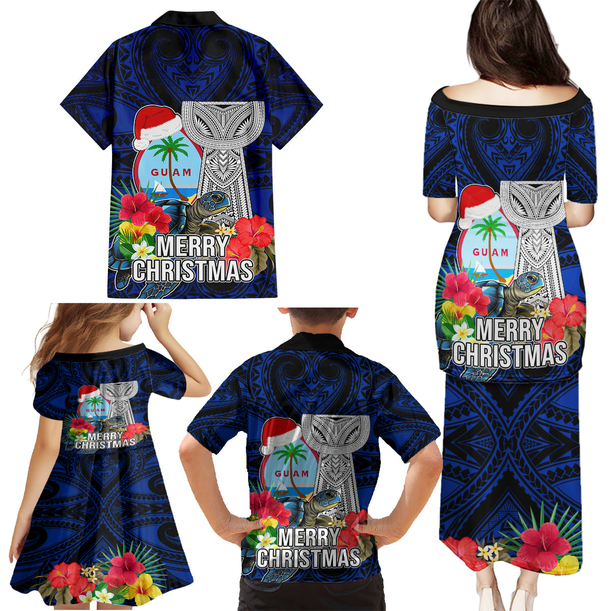 Guam Christmas Family Matching Puletasi Dress and Hawaiian Shirt Santa Gift Latte Stone and Sea Turle Mix Hibiscus Chamorro Blue Style LT03