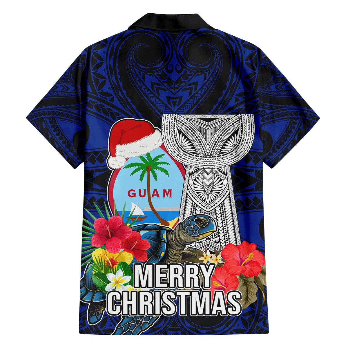 Guam Christmas Family Matching Puletasi Dress and Hawaiian Shirt Santa Gift Latte Stone and Sea Turle Mix Hibiscus Chamorro Blue Style LT03