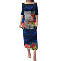 Guam Christmas Family Matching Puletasi Dress and Hawaiian Shirt Santa Gift Latte Stone and Sea Turle Mix Hibiscus Chamorro Blue Style LT03