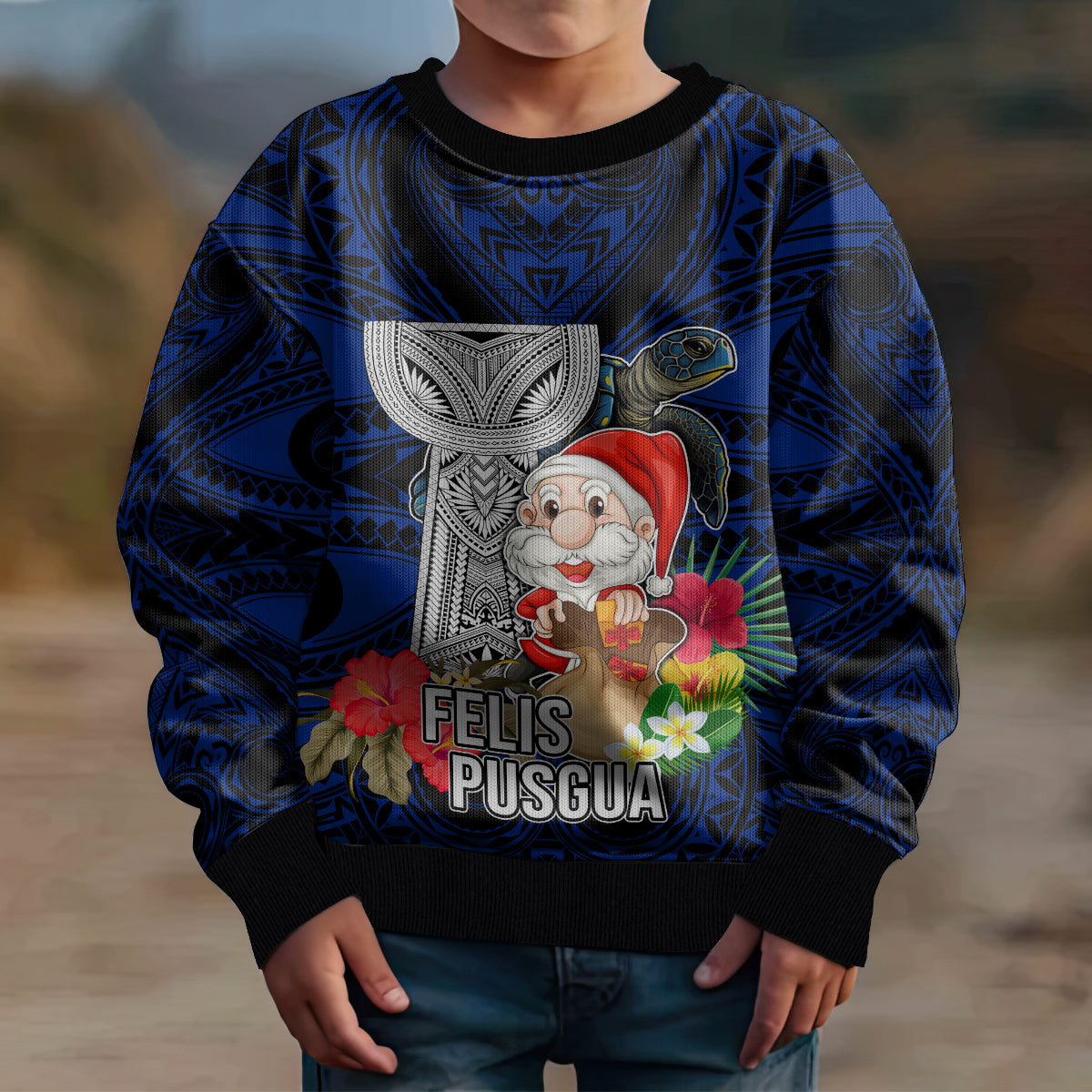 Guam Christmas Kid Ugly Christmas Sweater Santa Gift Latte Stone and Sea Turle Mix Hibiscus Chamorro Blue Style LT03