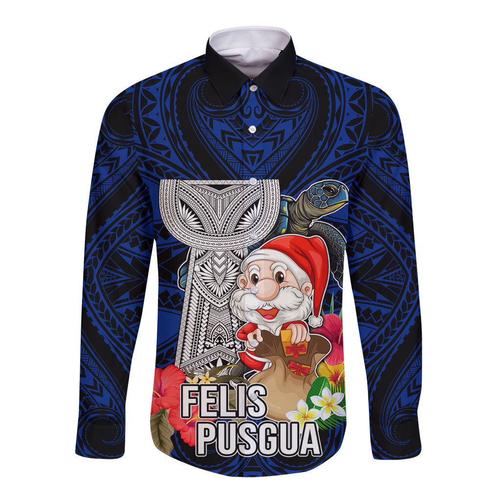 Guam Christmas Long Sleeve Button Shirt Santa Gift Latte Stone and Sea Turle Mix Hibiscus Chamorro Blue Style LT03