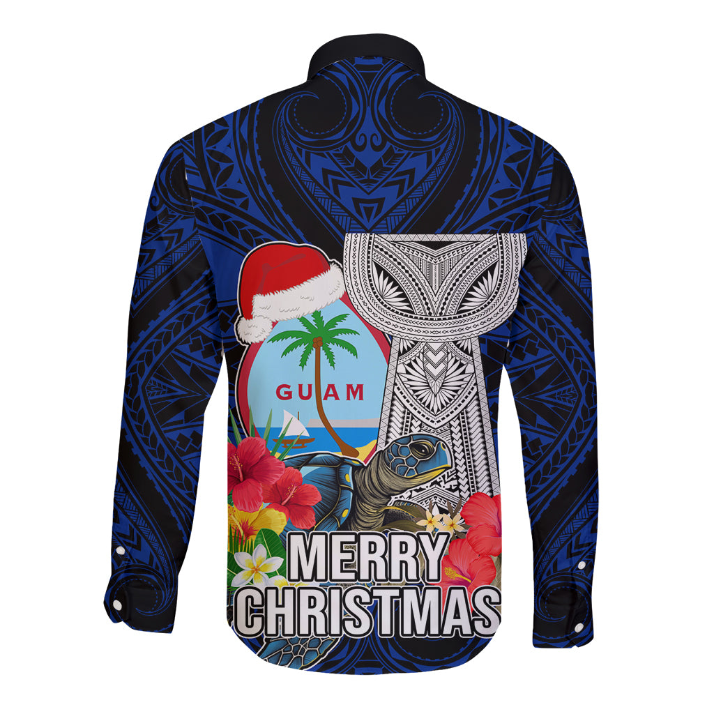 Guam Christmas Long Sleeve Button Shirt Santa Gift Latte Stone and Sea Turle Mix Hibiscus Chamorro Blue Style LT03