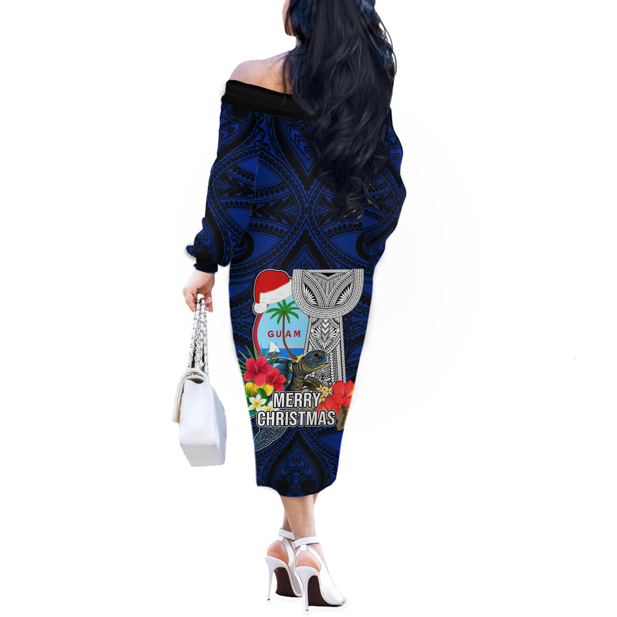 Guam Christmas Off The Shoulder Long Sleeve Dress Santa Gift Latte Stone and Sea Turle Mix Hibiscus Chamorro Blue Style LT03