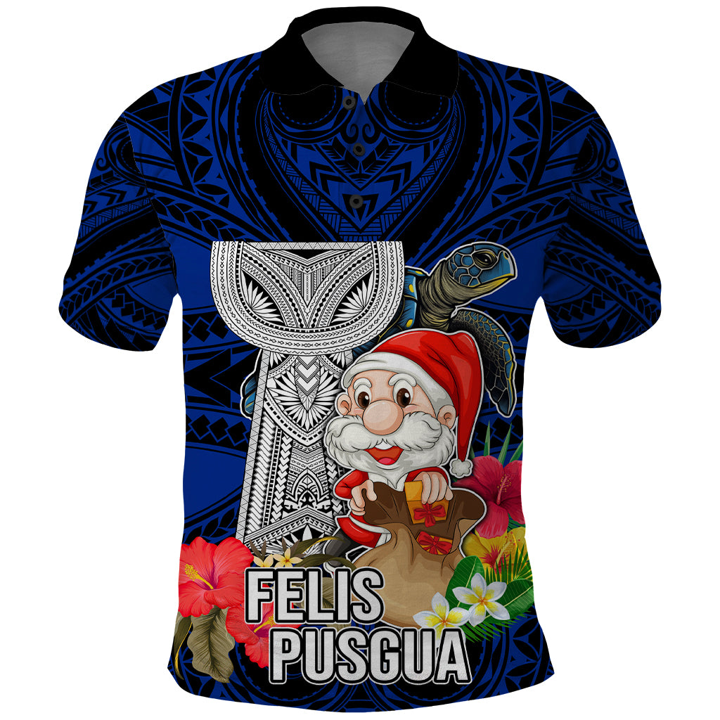 Guam Christmas Polo Shirt Santa Gift Latte Stone and Sea Turle Mix Hibiscus Chamorro Blue Style LT03