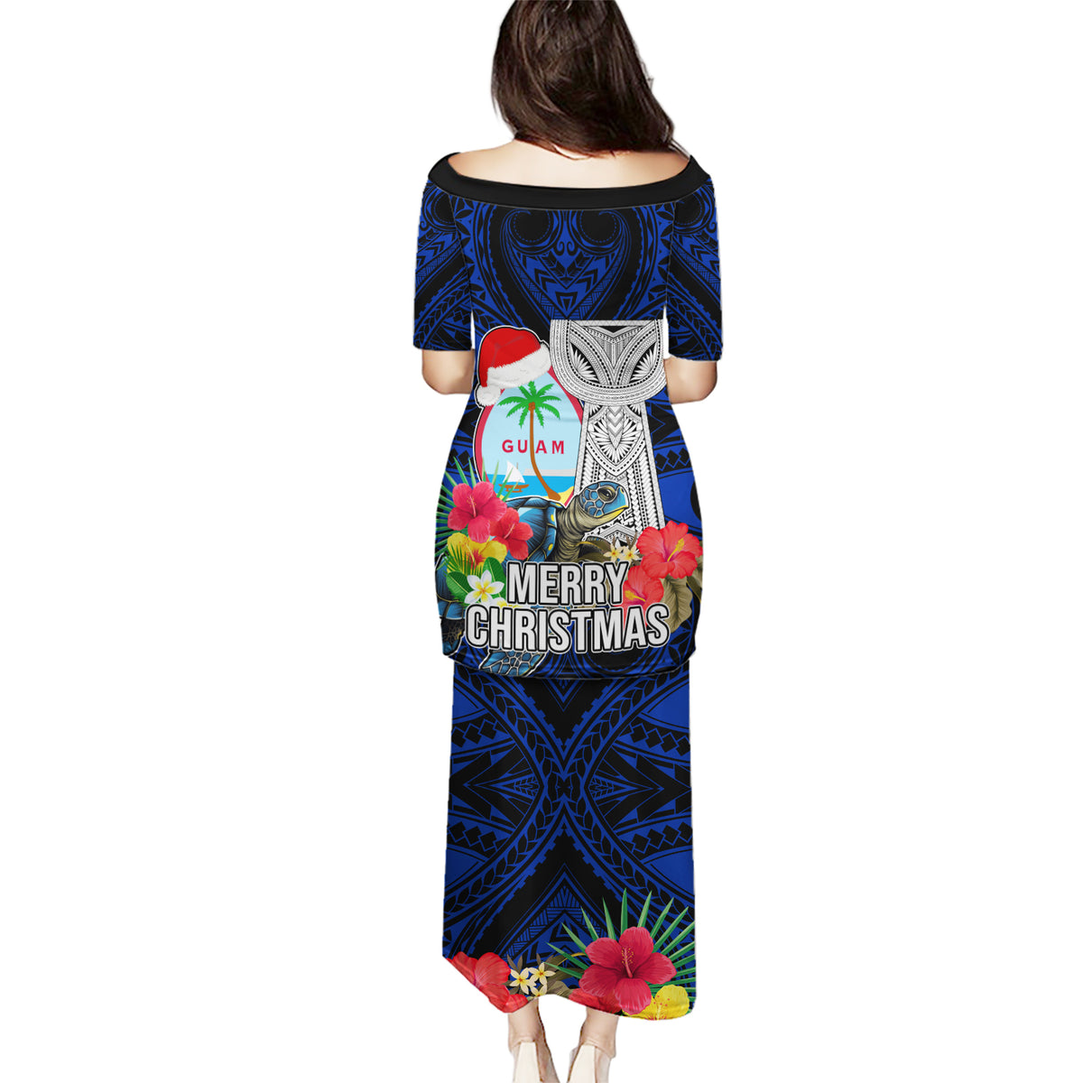 Guam Christmas Puletasi Santa Gift Latte Stone and Sea Turle Mix Hibiscus Chamorro Blue Style LT03