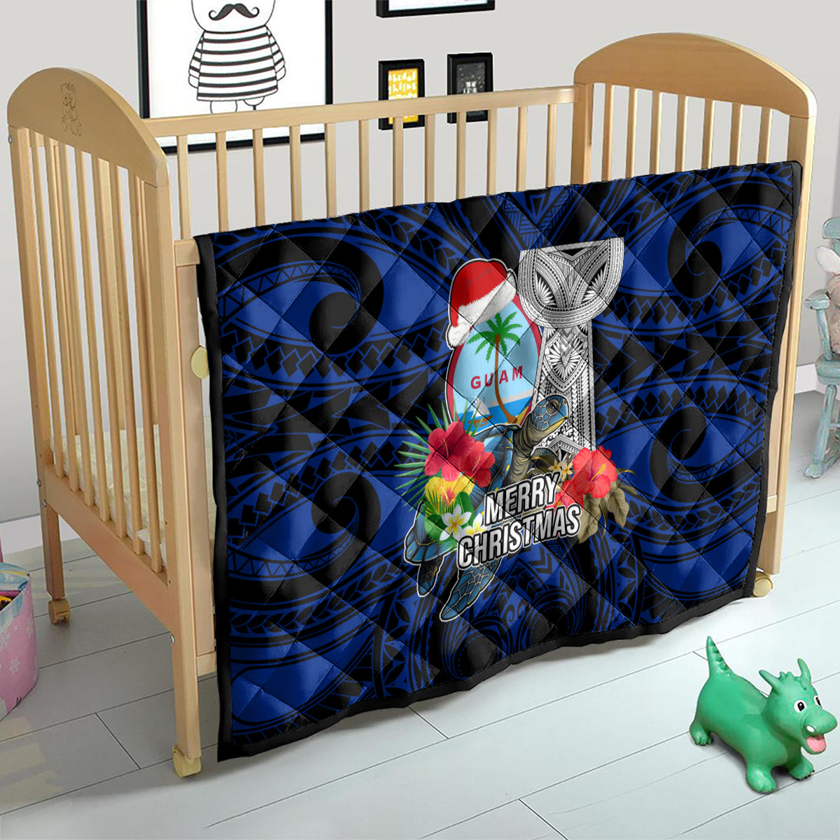 Guam Christmas Quilt Santa Gift Latte Stone and Sea Turle Mix Hibiscus Chamorro Blue Style LT03