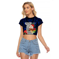 Guam Christmas Raglan Cropped T Shirt Santa Gift Latte Stone and Sea Turle Mix Hibiscus Chamorro Blue Style LT03