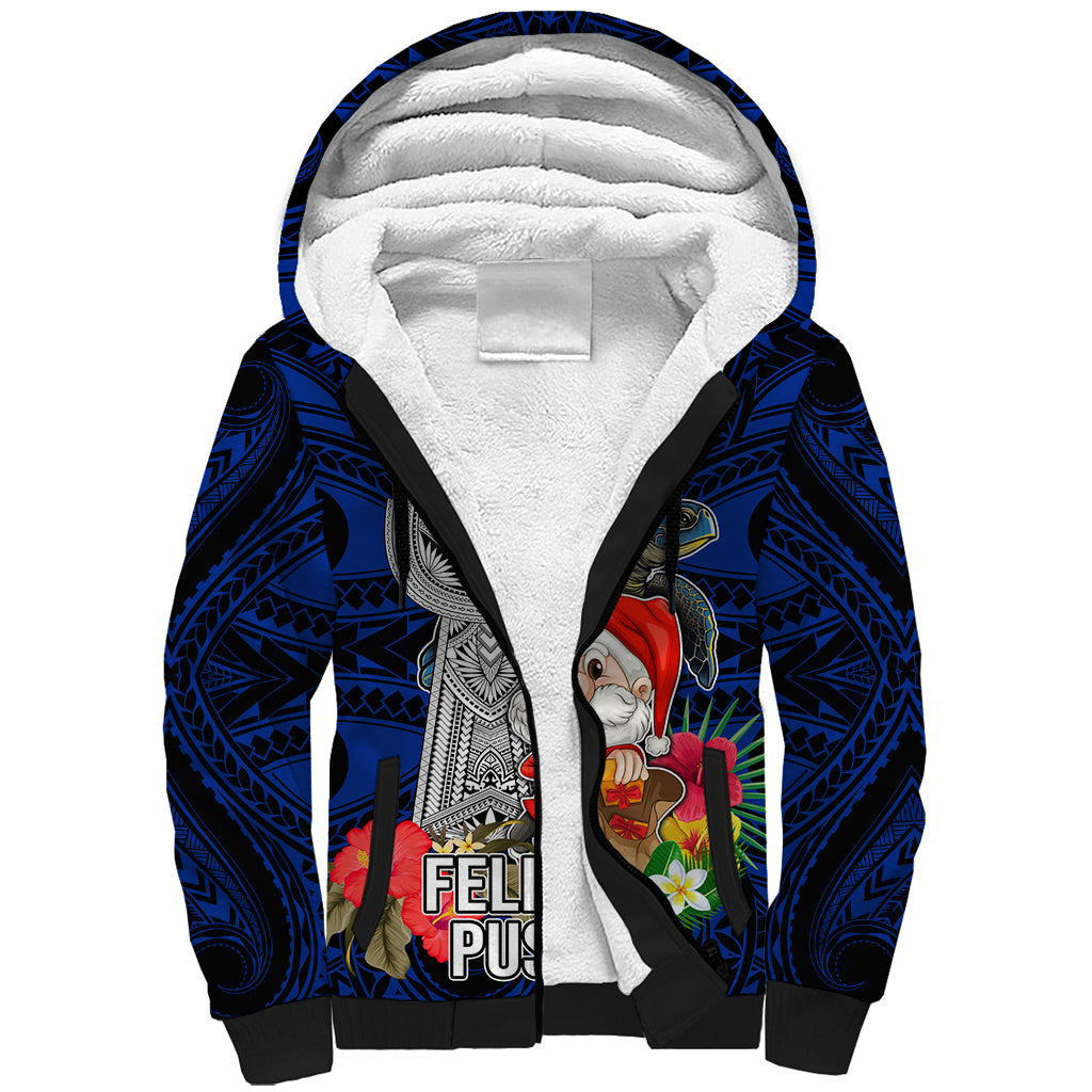 Guam Christmas Sherpa Hoodie Santa Gift Latte Stone and Sea Turle Mix Hibiscus Chamorro Blue Style LT03