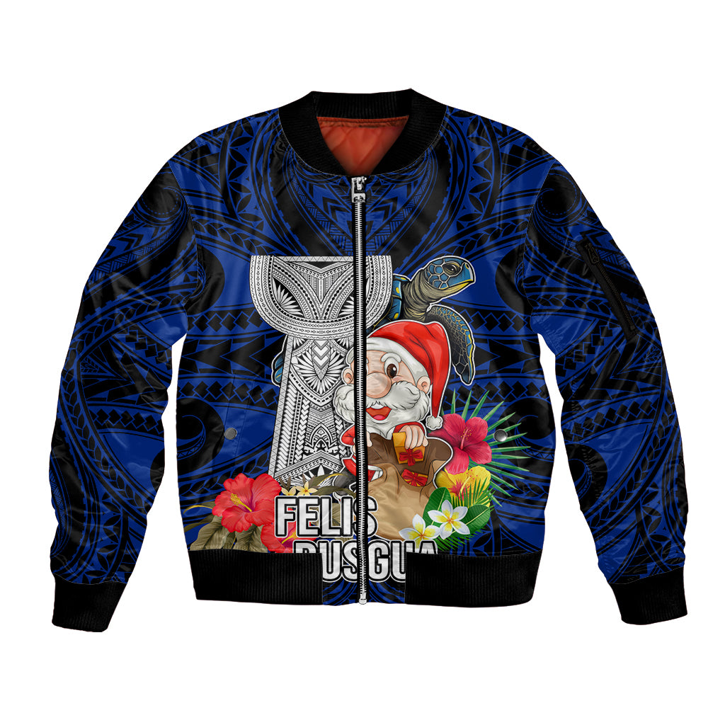Guam Christmas Sleeve Zip Bomber Jacket Santa Gift Latte Stone and Sea Turle Mix Hibiscus Chamorro Blue Style LT03