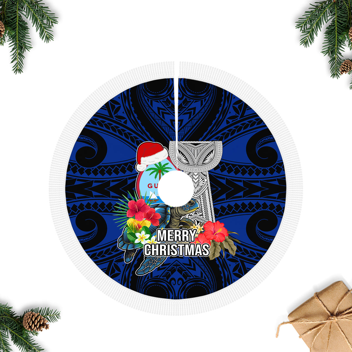 Guam Christmas Tree Skirt Santa Gift Latte Stone and Sea Turle Mix Hibiscus Chamorro Blue Style LT03
