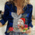 Guam Christmas Women Casual Shirt Santa Gift Latte Stone and Sea Turle Mix Hibiscus Chamorro Blue Style LT03