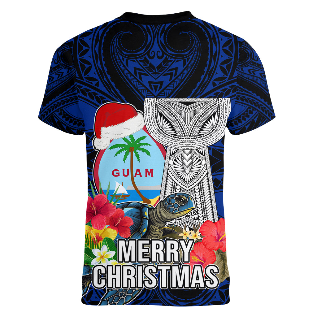 Guam Christmas Women V Neck T Shirt Santa Gift Latte Stone and Sea Turle Mix Hibiscus Chamorro Blue Style LT03