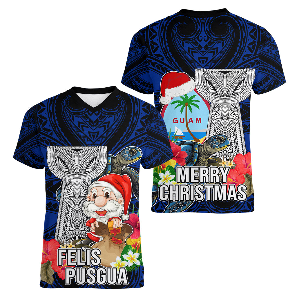Guam Christmas Women V Neck T Shirt Santa Gift Latte Stone and Sea Turle Mix Hibiscus Chamorro Blue Style LT03
