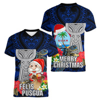 Guam Christmas Women V Neck T Shirt Santa Gift Latte Stone and Sea Turle Mix Hibiscus Chamorro Blue Style LT03