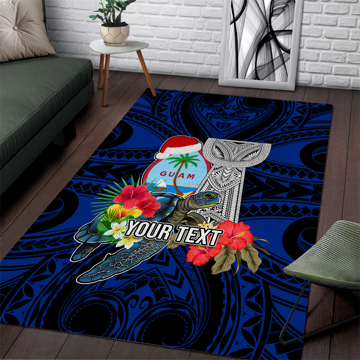 Custom Guam Christmas Area Rug Santa Gift Latte Stone and Sea Turle Mix Hibiscus Chamorro Blue Style LT03