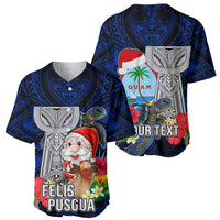 Custom Guam Christmas Baseball Jersey Santa Gift Latte Stone and Sea Turle Mix Hibiscus Chamorro Blue Style LT03