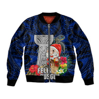Custom Guam Christmas Bomber Jacket Santa Gift Latte Stone and Sea Turle Mix Hibiscus Chamorro Blue Style LT03
