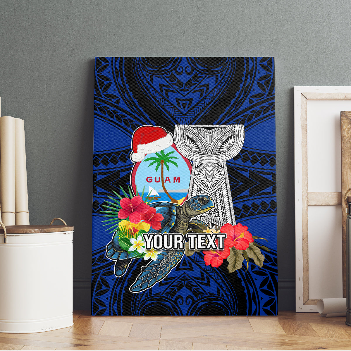 Custom Guam Christmas Canvas Wall Art Santa Gift Latte Stone and Sea Turle Mix Hibiscus Chamorro Blue Style LT03