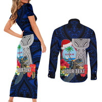 Custom Guam Christmas Couples Matching Short Sleeve Bodycon Dress and Long Sleeve Button Shirt Santa Gift Latte Stone and Sea Turle Mix Hibiscus Chamorro Blue Style LT03
