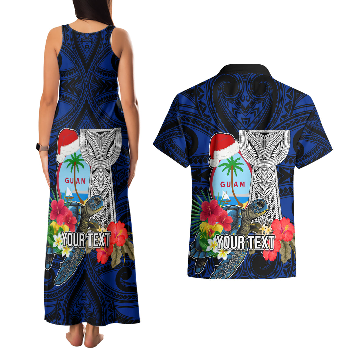 Custom Guam Christmas Couples Matching Tank Maxi Dress and Hawaiian Shirt Santa Gift Latte Stone and Sea Turle Mix Hibiscus Chamorro Blue Style LT03
