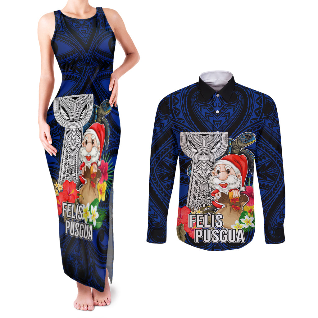 Custom Guam Christmas Couples Matching Tank Maxi Dress and Long Sleeve Button Shirt Santa Gift Latte Stone and Sea Turle Mix Hibiscus Chamorro Blue Style LT03