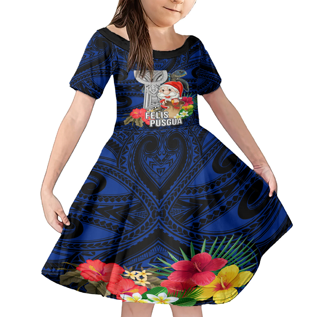 Custom Guam Christmas Family Matching Puletasi Dress and Hawaiian Shirt Santa Gift Latte Stone and Sea Turle Mix Hibiscus Chamorro Blue Style LT03