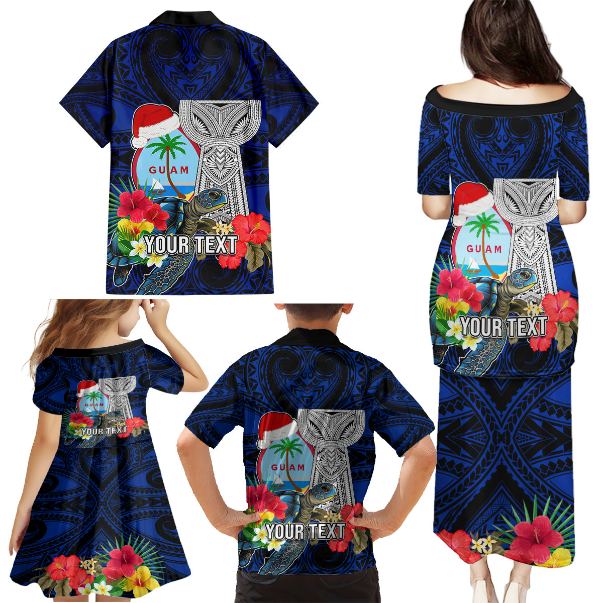 Custom Guam Christmas Family Matching Puletasi Dress and Hawaiian Shirt Santa Gift Latte Stone and Sea Turle Mix Hibiscus Chamorro Blue Style LT03