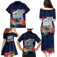 Custom Guam Christmas Family Matching Puletasi Dress and Hawaiian Shirt Santa Gift Latte Stone and Sea Turle Mix Hibiscus Chamorro Blue Style LT03
