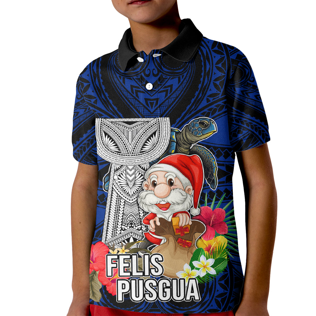 Custom Guam Christmas Kid Polo Shirt Santa Gift Latte Stone and Sea Turle Mix Hibiscus Chamorro Blue Style LT03