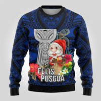 Custom Guam Christmas Ugly Christmas Sweater Santa Gift Latte Stone and Sea Turle Mix Hibiscus Chamorro Blue Style LT03
