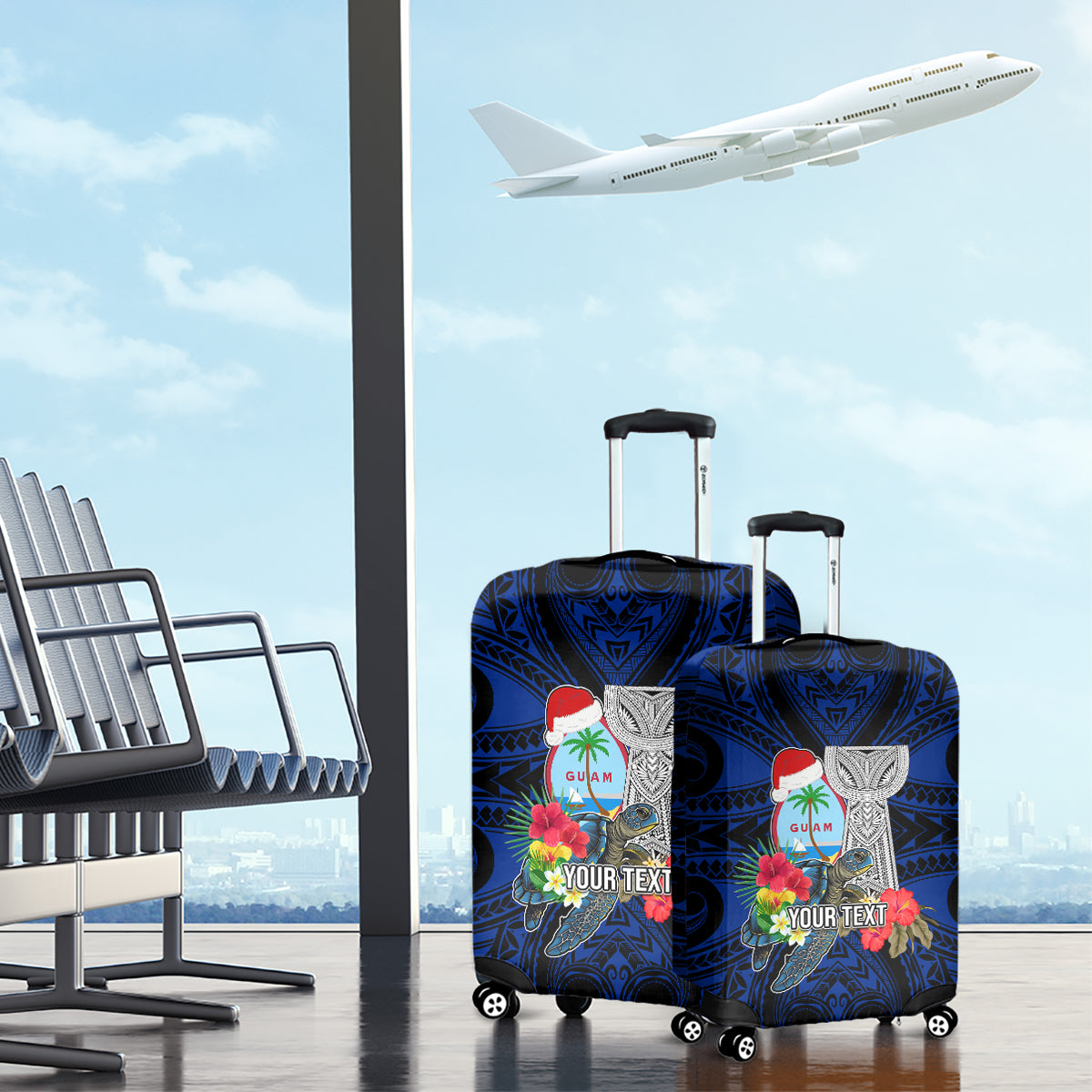 Custom Guam Christmas Luggage Cover Santa Gift Latte Stone and Sea Turle Mix Hibiscus Chamorro Blue Style LT03
