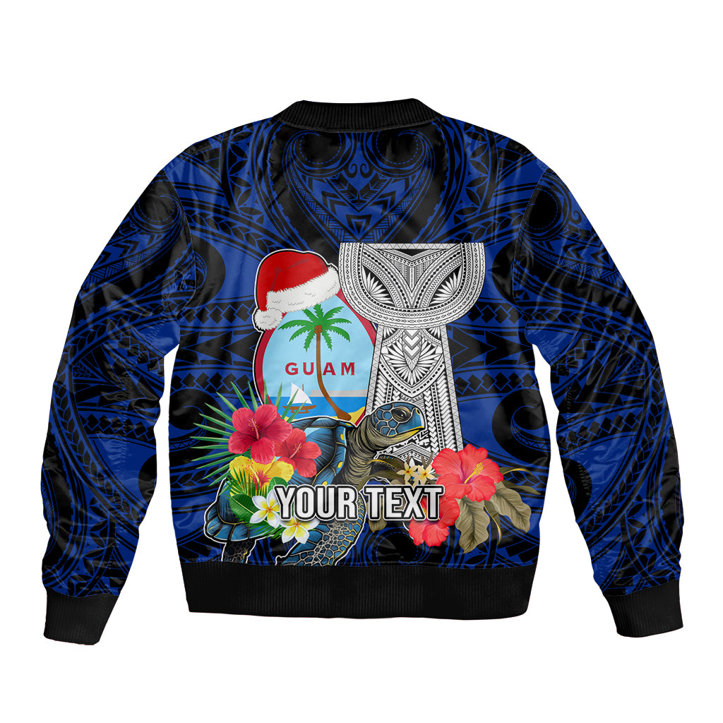 Custom Guam Christmas Sleeve Zip Bomber Jacket Santa Gift Latte Stone and Sea Turle Mix Hibiscus Chamorro Blue Style LT03