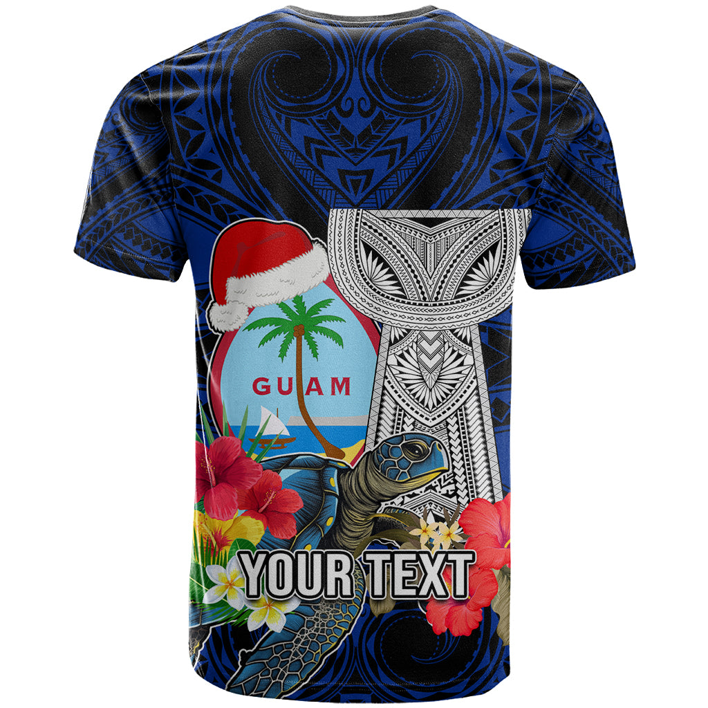 Custom Guam Christmas T Shirt Santa Gift Latte Stone and Sea Turle Mix Hibiscus Chamorro Blue Style LT03