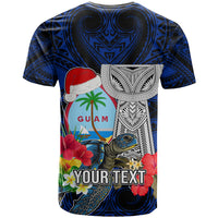 Custom Guam Christmas T Shirt Santa Gift Latte Stone and Sea Turle Mix Hibiscus Chamorro Blue Style LT03