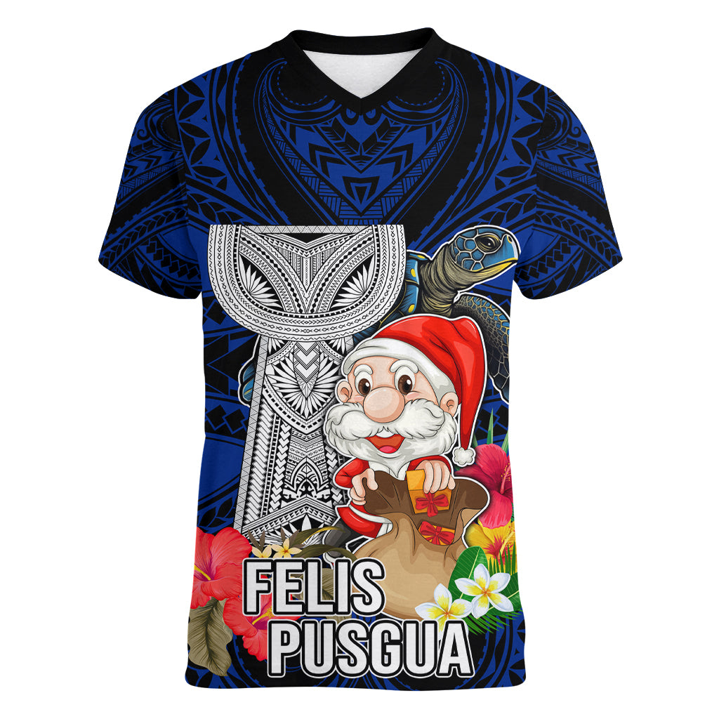 Custom Guam Christmas Women V Neck T Shirt Santa Gift Latte Stone and Sea Turle Mix Hibiscus Chamorro Blue Style LT03