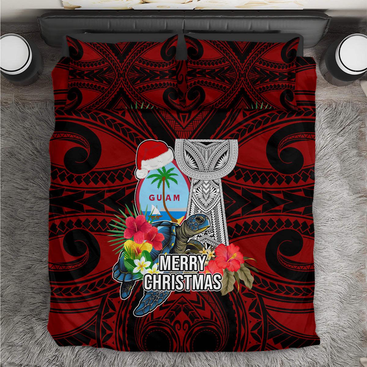 Guam Christmas Bedding Set Santa Gift Latte Stone and Sea Turle Mix Hibiscus Chamorro Red Style LT03