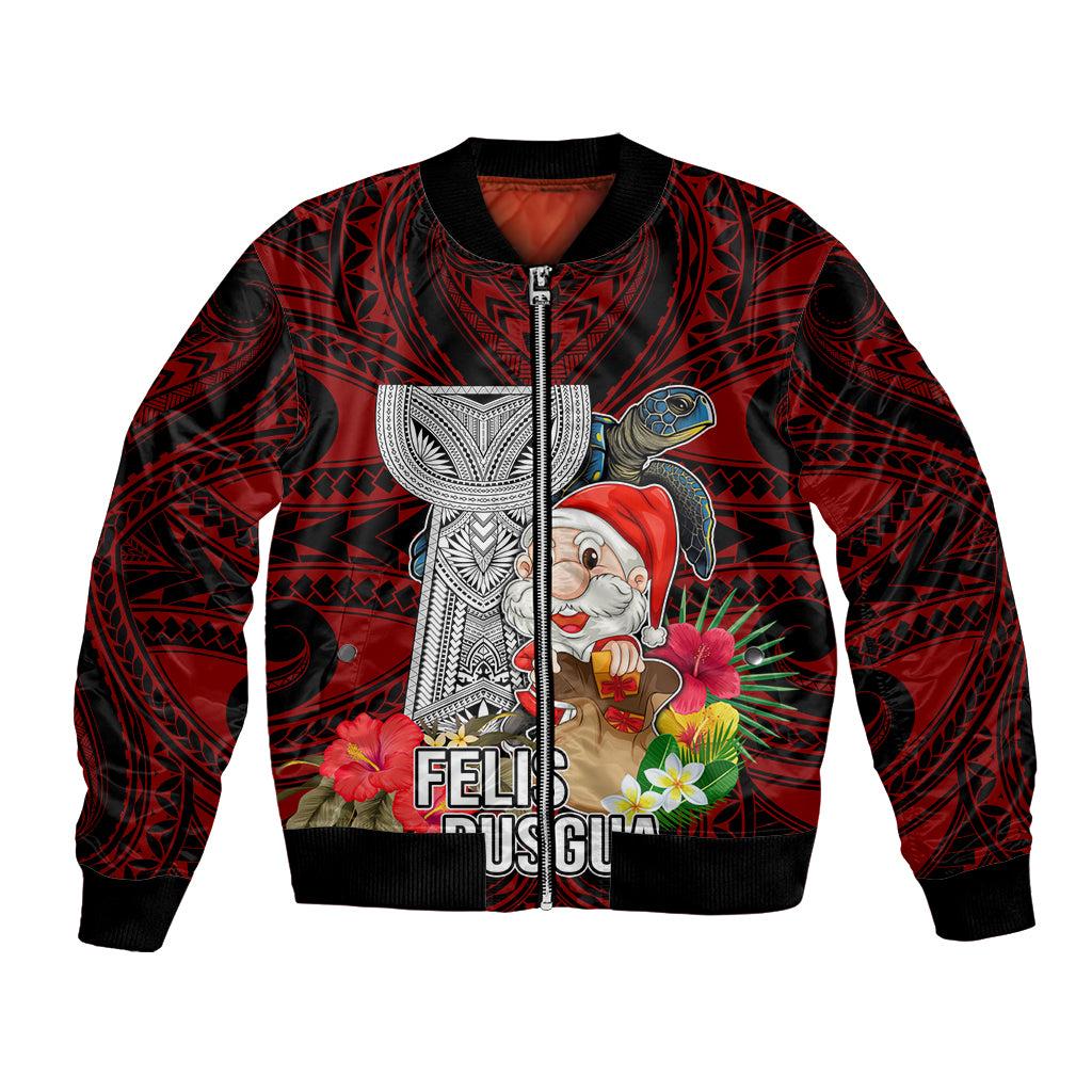 Guam Christmas Bomber Jacket Santa Gift Latte Stone and Sea Turle Mix Hibiscus Chamorro Red Style LT03