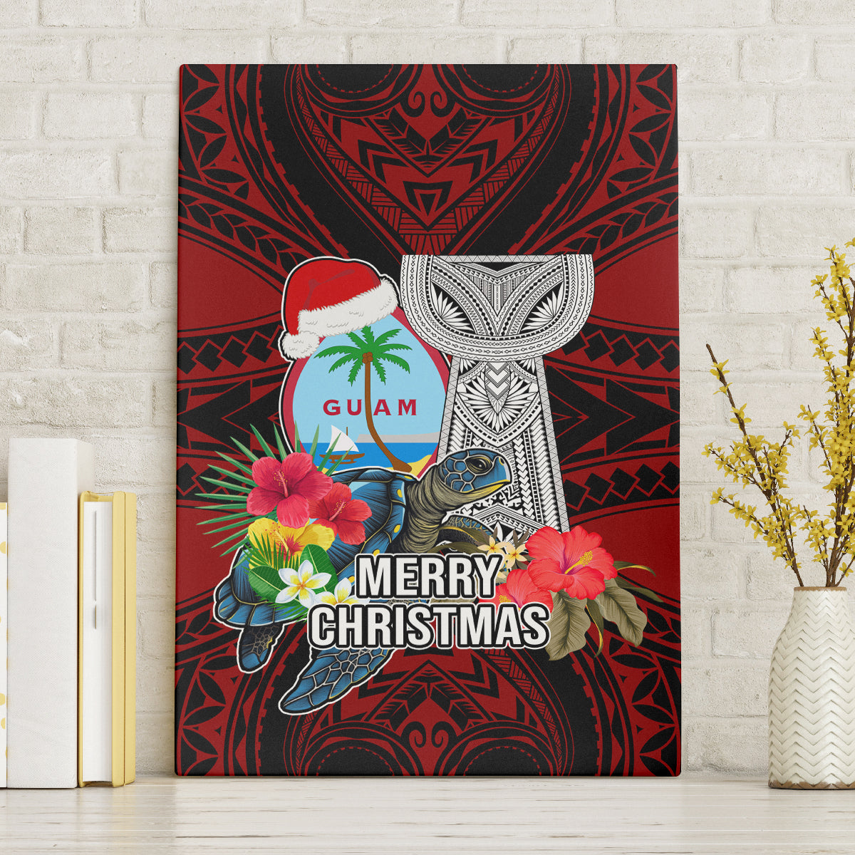 Guam Christmas Canvas Wall Art Santa Gift Latte Stone and Sea Turle Mix Hibiscus Chamorro Red Style LT03
