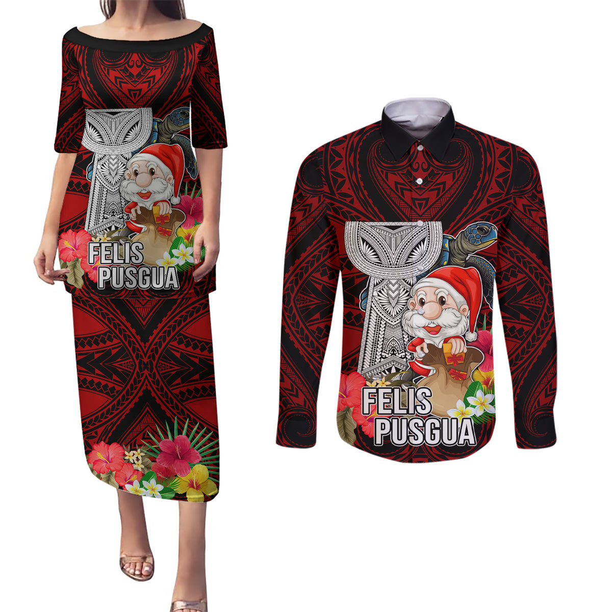 Guam Christmas Couples Matching Puletasi Dress and Long Sleeve Button Shirt Santa Gift Latte Stone and Sea Turle Mix Hibiscus Chamorro Red Style LT03