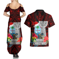 Guam Christmas Couples Matching Summer Maxi Dress and Hawaiian Shirt Santa Gift Latte Stone and Sea Turle Mix Hibiscus Chamorro Red Style LT03