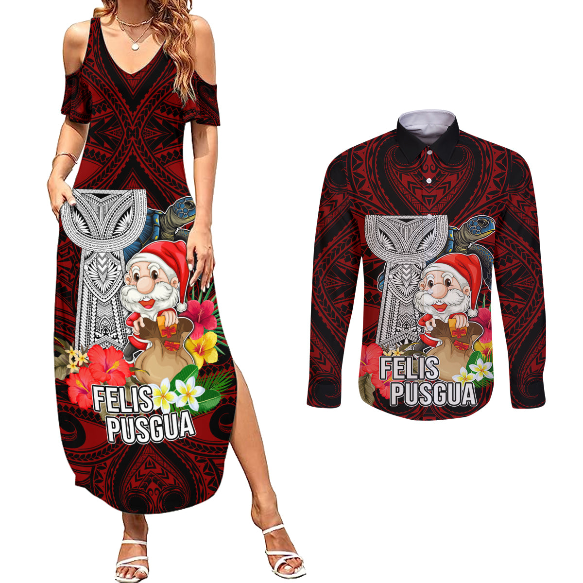 Guam Christmas Couples Matching Summer Maxi Dress and Long Sleeve Button Shirt Santa Gift Latte Stone and Sea Turle Mix Hibiscus Chamorro Red Style LT03
