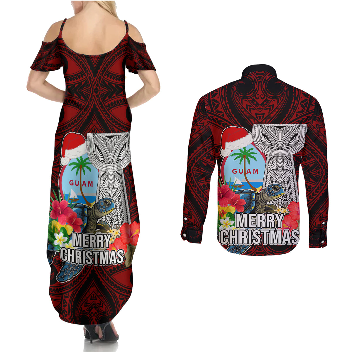 Guam Christmas Couples Matching Summer Maxi Dress and Long Sleeve Button Shirt Santa Gift Latte Stone and Sea Turle Mix Hibiscus Chamorro Red Style LT03