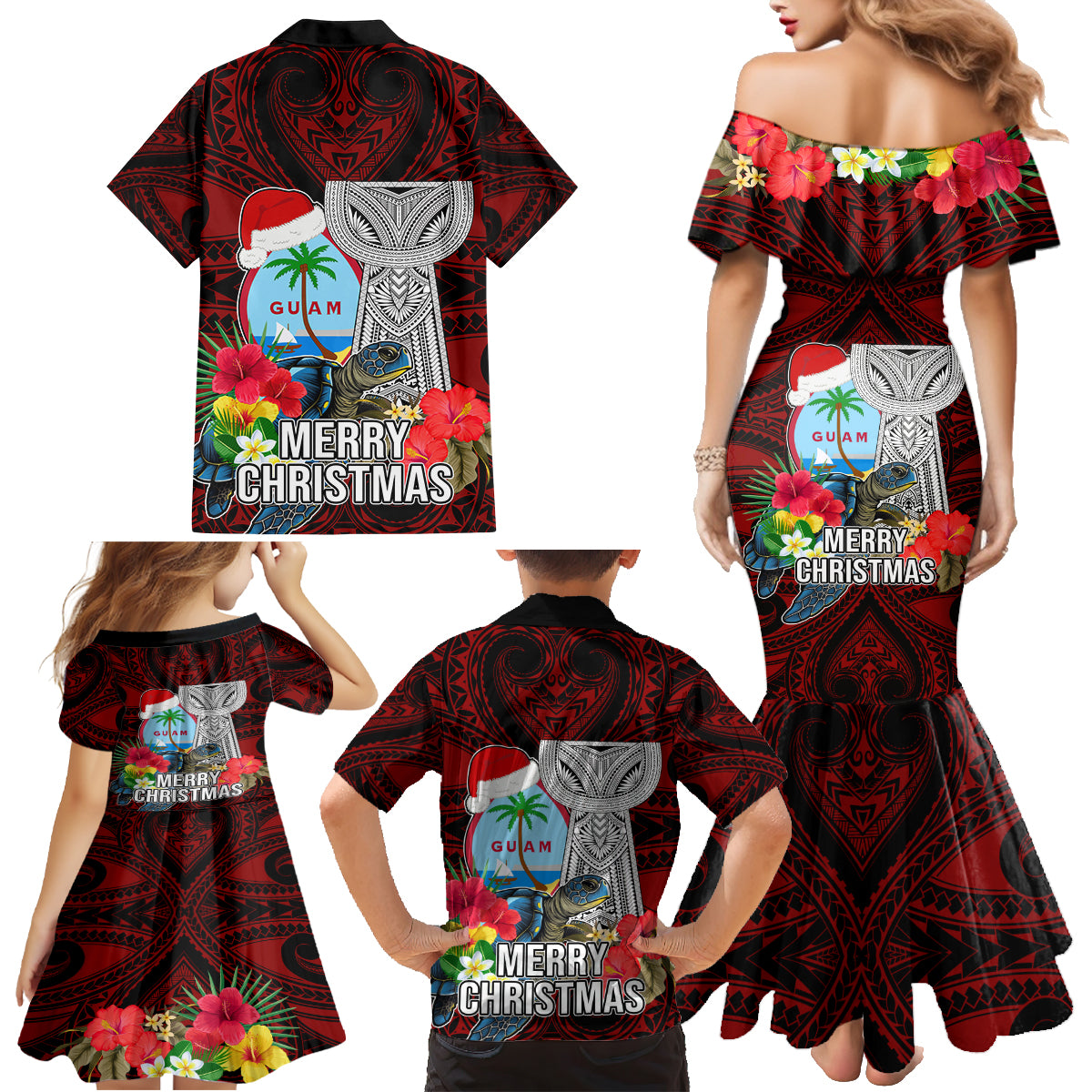 Guam Christmas Family Matching Mermaid Dress and Hawaiian Shirt Santa Gift Latte Stone and Sea Turle Mix Hibiscus Chamorro Red Style LT03