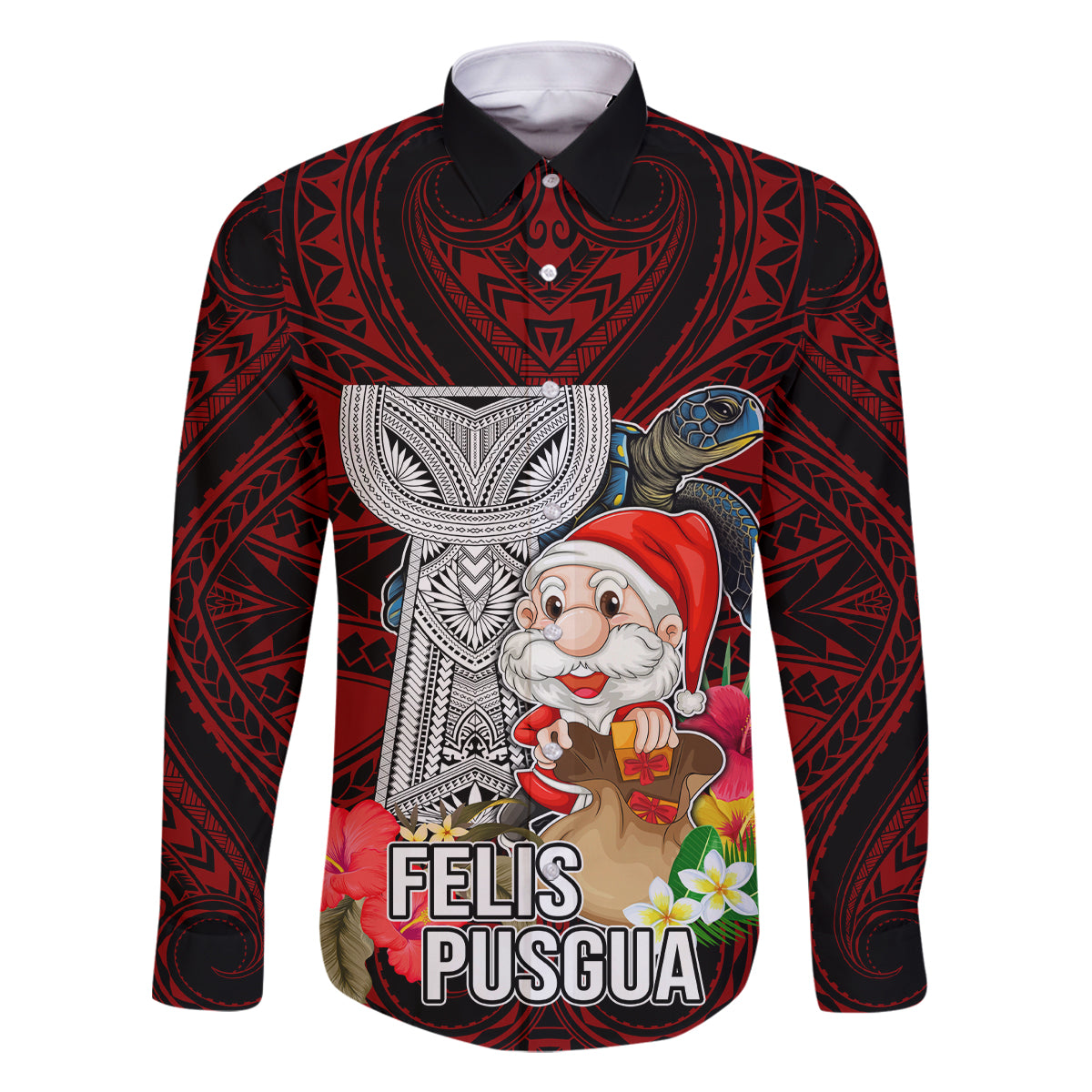 Guam Christmas Family Matching Mermaid Dress and Hawaiian Shirt Santa Gift Latte Stone and Sea Turle Mix Hibiscus Chamorro Red Style LT03