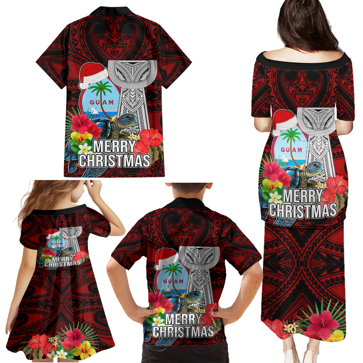 Guam Christmas Family Matching Puletasi Dress and Hawaiian Shirt Santa Gift Latte Stone and Sea Turle Mix Hibiscus Chamorro Red Style LT03