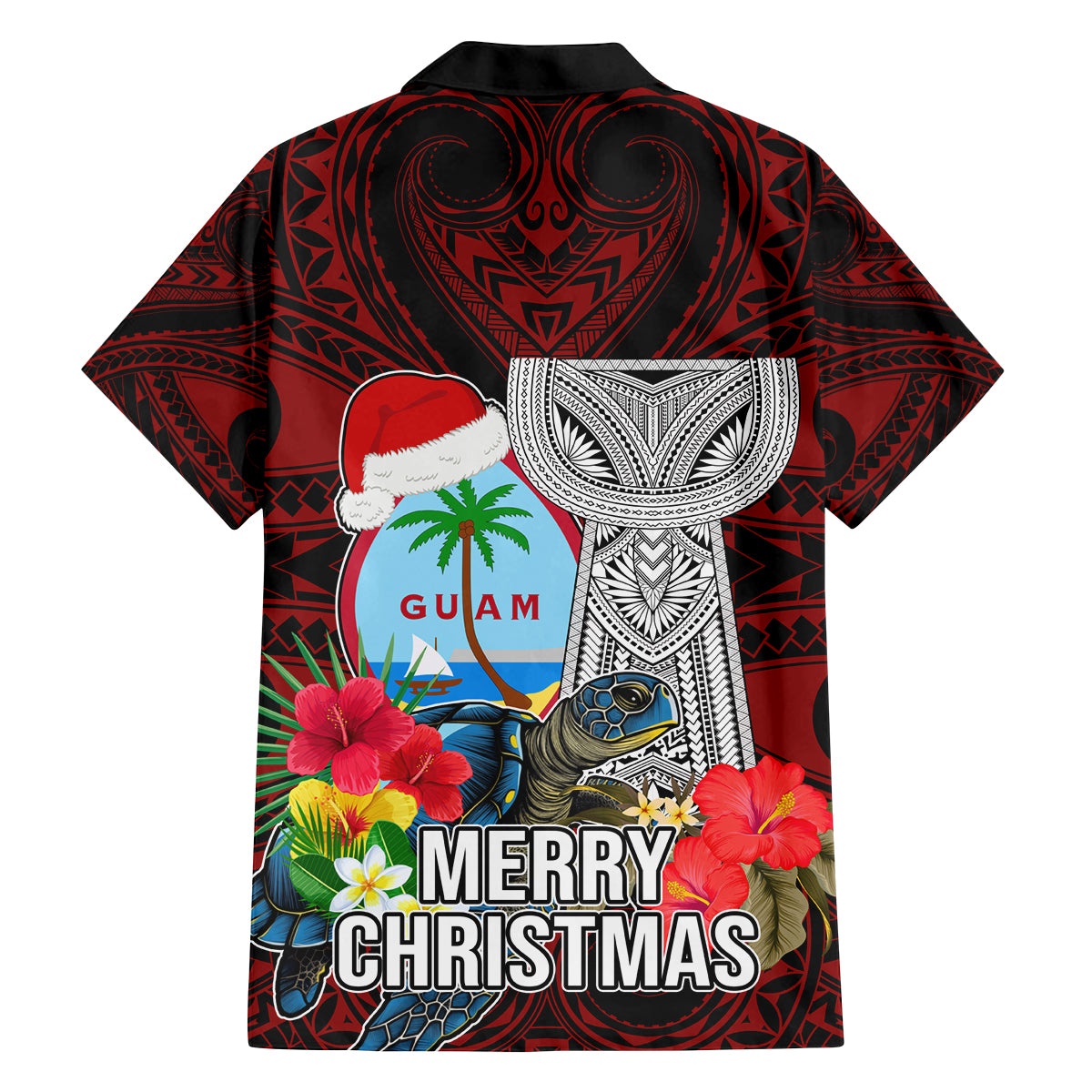 Guam Christmas Family Matching Puletasi Dress and Hawaiian Shirt Santa Gift Latte Stone and Sea Turle Mix Hibiscus Chamorro Red Style LT03