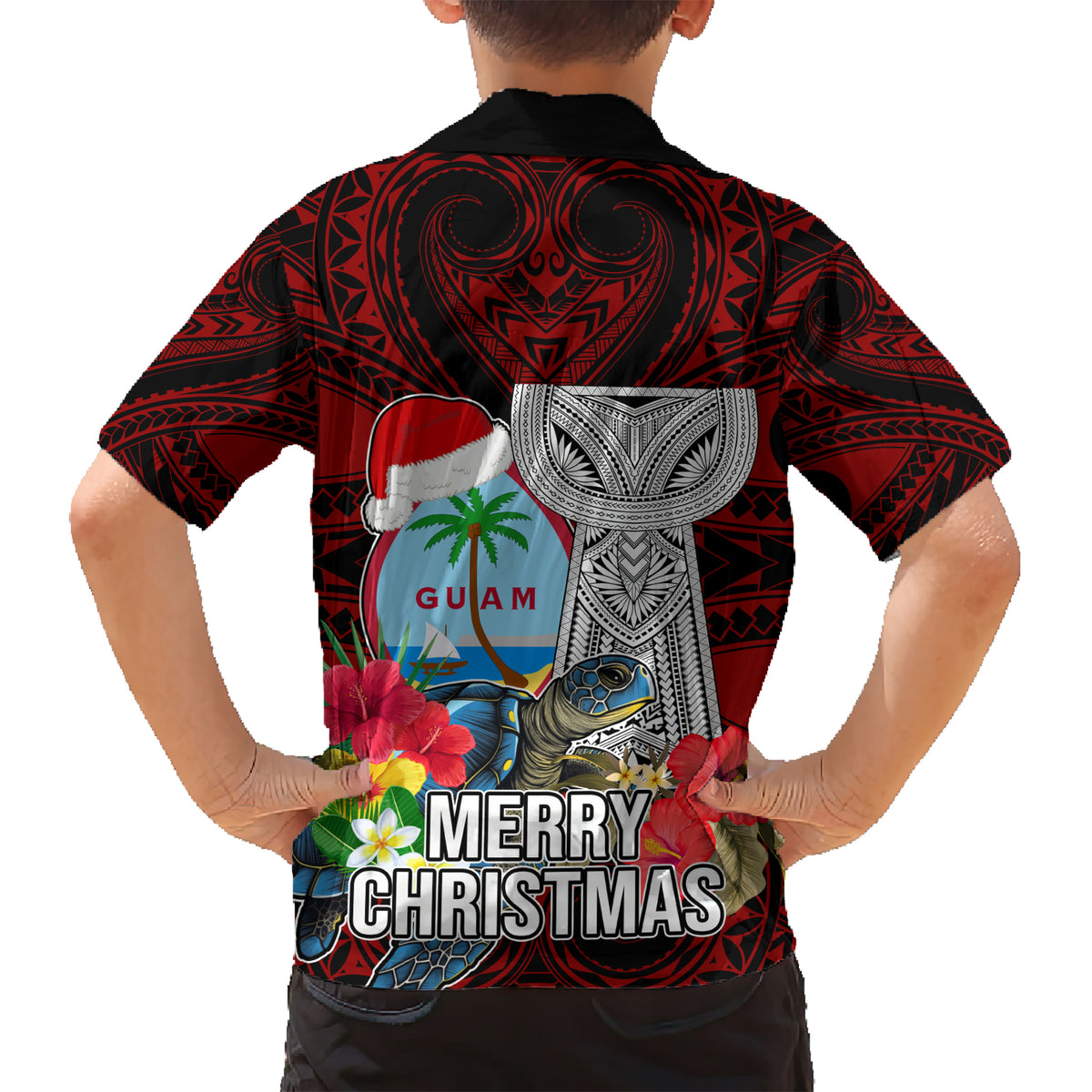 Guam Christmas Kid Hawaiian Shirt Santa Gift Latte Stone and Sea Turle Mix Hibiscus Chamorro Red Style LT03